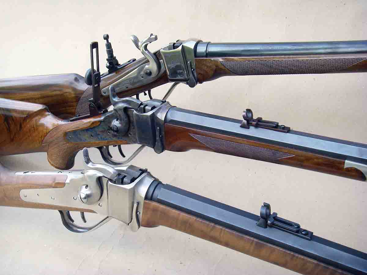 Sharps rifle reproductions chambered in .45-70 Government include (top to bottom) a Lyman Model 1878, a Model 1874 Shiloh Sharps and a Model 1874 C. Sharps.